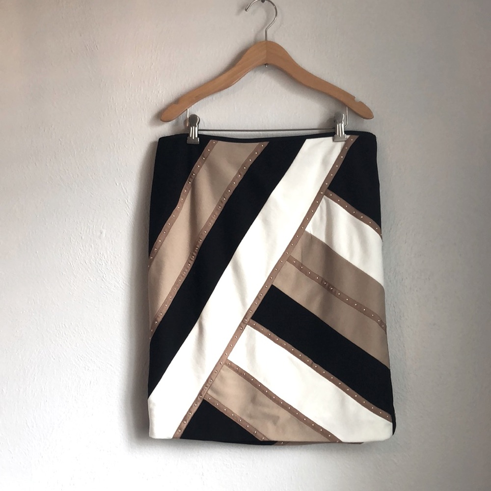 White House Black Market Black, White & Taupe Striped Pencil Skirt
